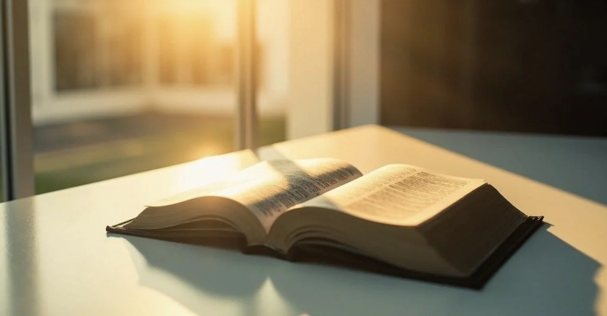 An open book on a white table near a window with sunlight coming through, casting shadows on the pages.