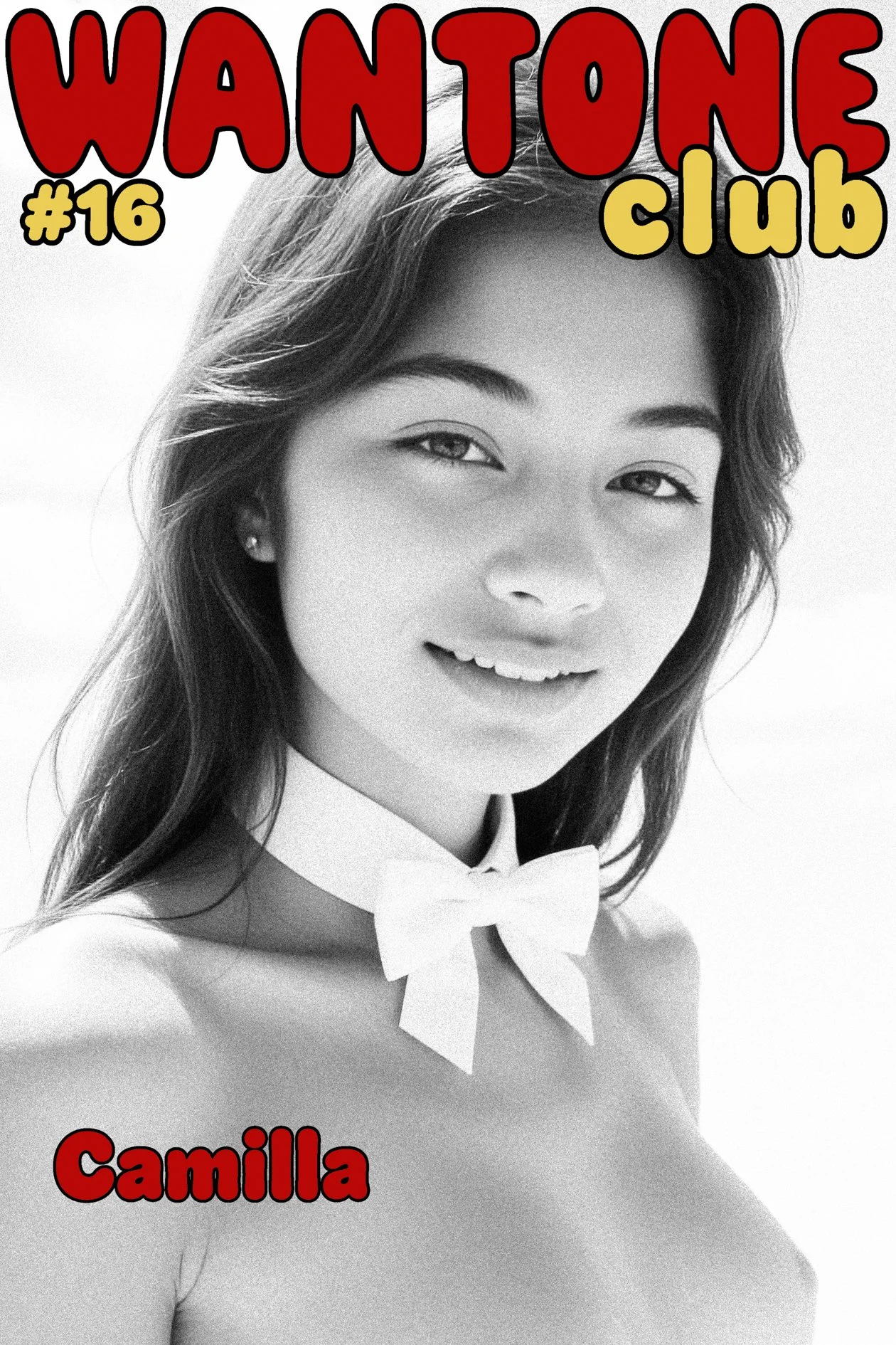 A black-and-white portrait of a young woman with long hair, smiling, wearing a bow tie necklace, with colorful comic-style text overlay reading 'WANTONE club #16 Camilla'.