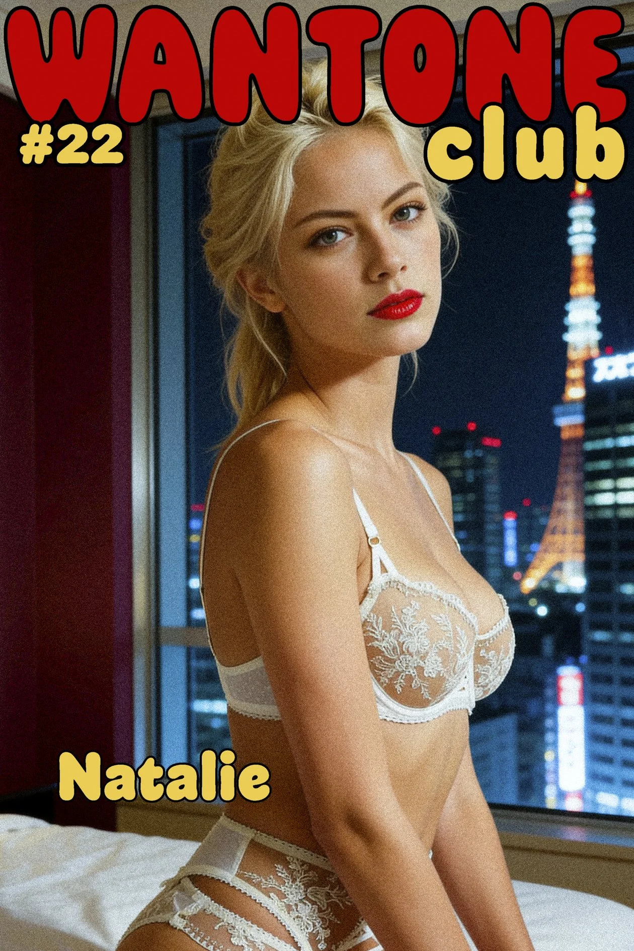 A woman with blonde hair and red lipstick wearing white lace lingerie, sitting on a bed in a high-rise apartment at night with a city skyline and Tokyo Tower illuminated in the background.