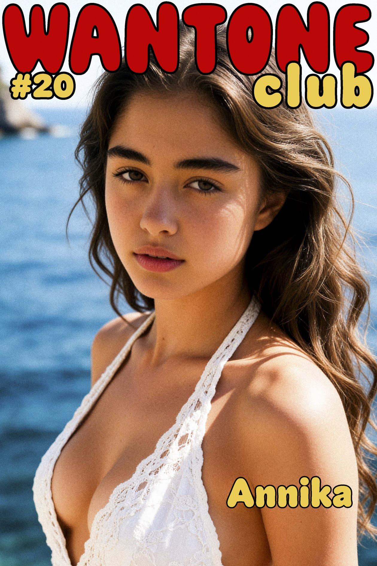 A young woman with brown hair and blue eyes posing outdoors near water. She is wearing a white crochet halter top. Text on the image reads 'WANTONE club #20 Amika'.