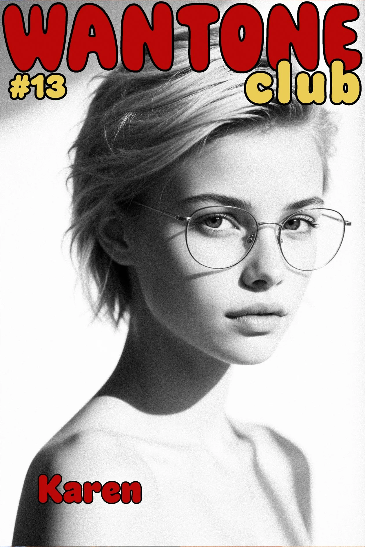 Black and white portrait of a young woman with short, tousled hair and glasses, looking towards the camera with a serious expression. The words "WANTONE club" appear at the top in large red and yellow letters, and "Karen" is written in red at the bot