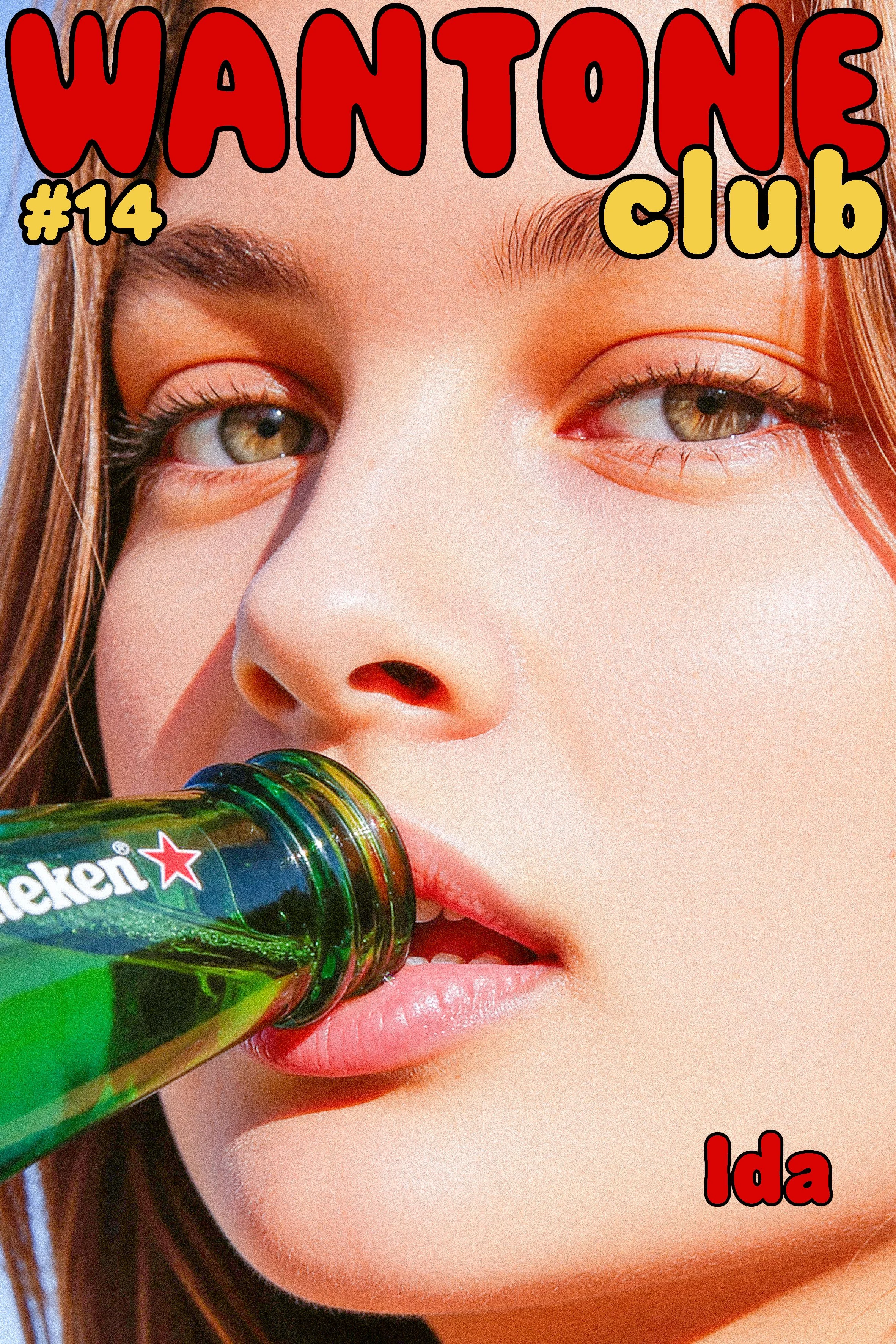 Close-up of a woman with green eyes, lips slightly parted, holding a green Heineken beer bottle near her lips, with colorful text saying "WANTONE club #14" and "Ida" overlaid.