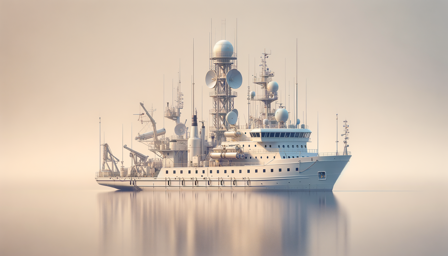 A large expedition ship with multiple antennas and satellite dishes docked on calm water with a light sky in the background.