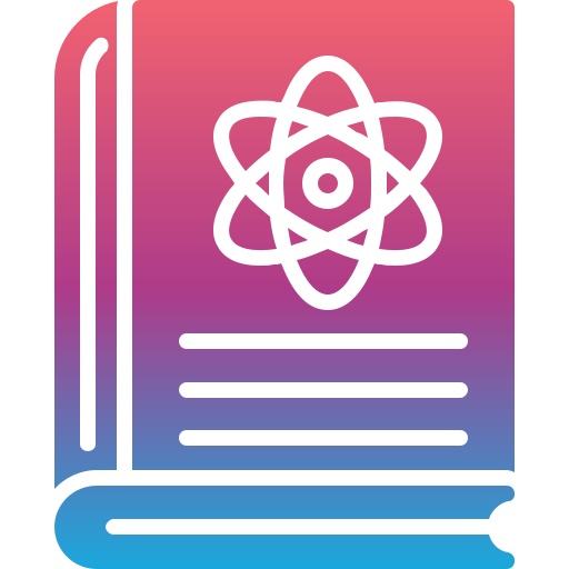 Illustration of a book with a science atom symbol on the cover, featuring gradient colors from pink to purple to blue.