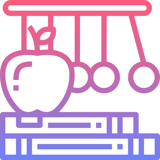 Illustration of a hanging apple and three hanging balls above a stack of books with a gradient from pink to purple.