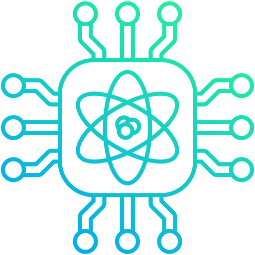 Digital illustration of a computer chip with an atom symbol in the center, representing technology or science.