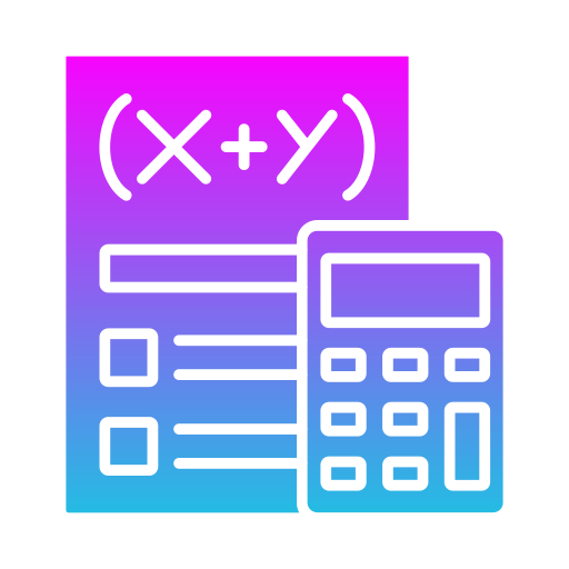 Illustration of a calculator and a checkmark, with a gradient pink and blue background