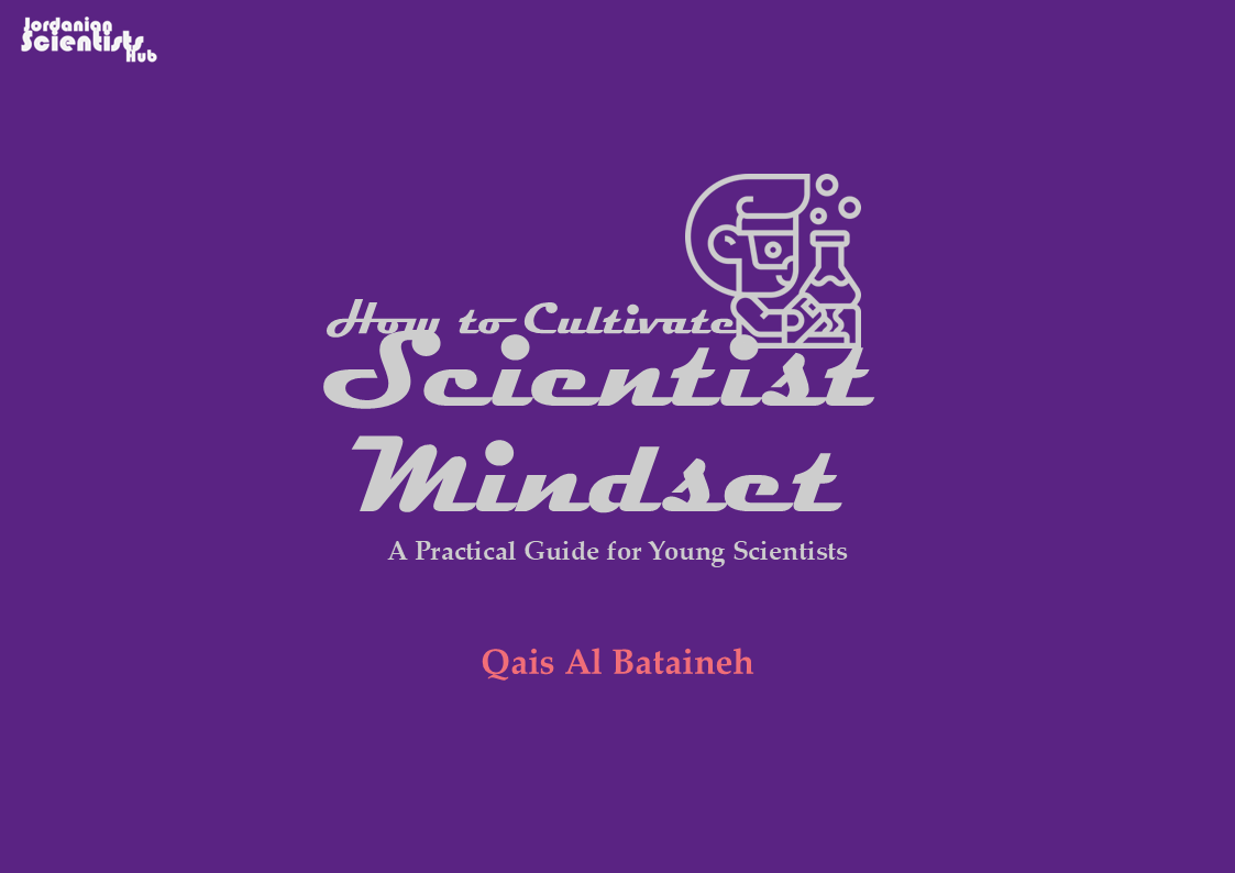 Purple book cover titled "How to Cultivate Scientist Mindset" with an illustration of a scientist and laboratory glassware. Author: Qais Al Bataineh.