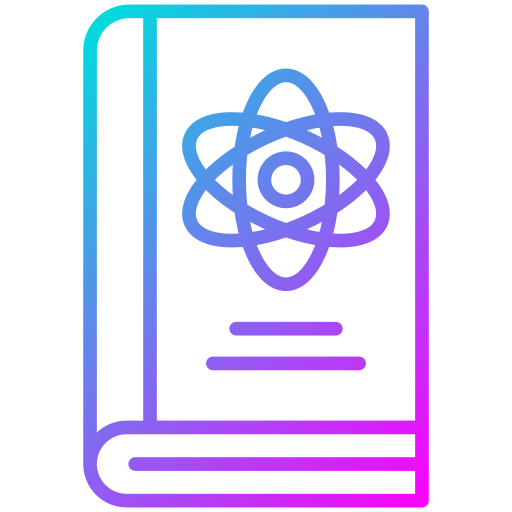Stylized illustration of a book with an atom symbol on the cover, placed on a shelf.