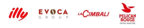 Logos of Illy, Evoca Group, La Cimbali, and Pelican Rouge coffee brands