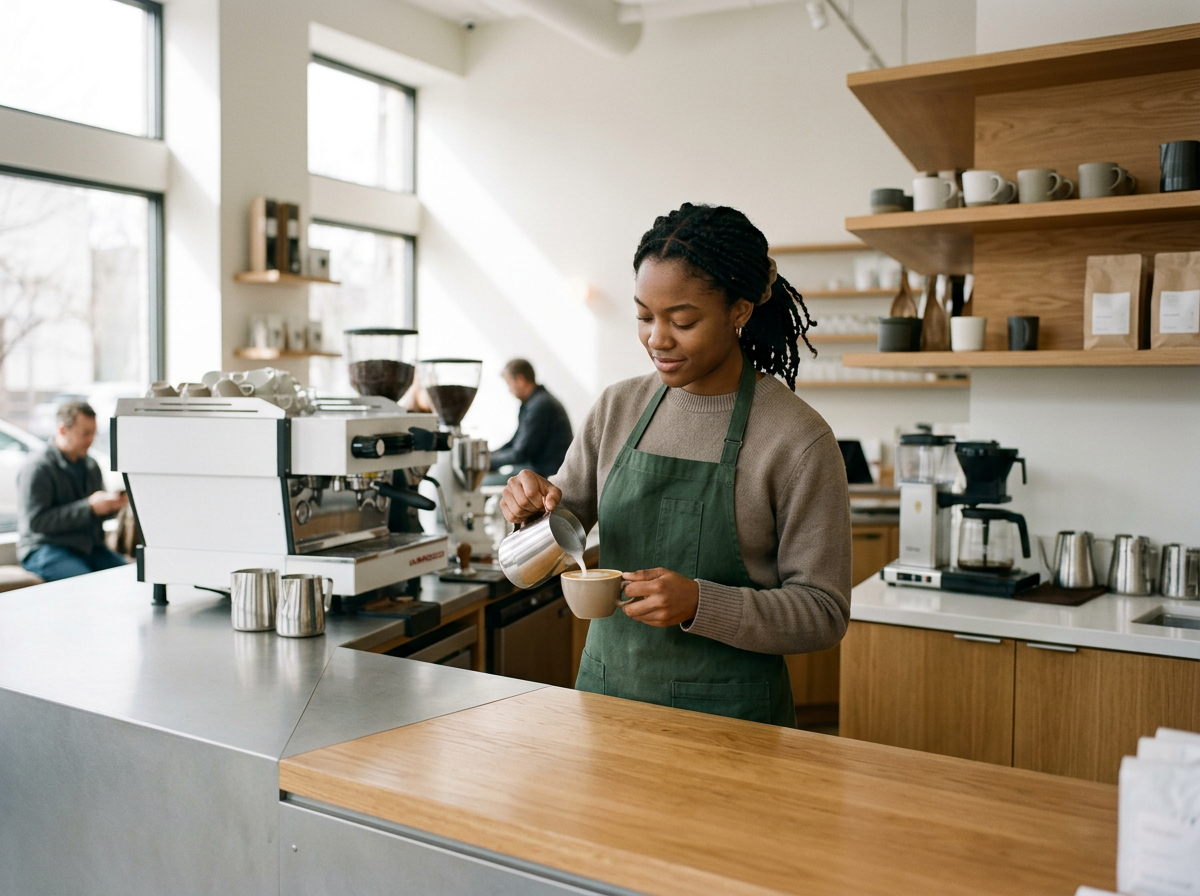 A woman barista wearing a green apron pouring steamed milk into a coffee cup at a modern coffee shop.