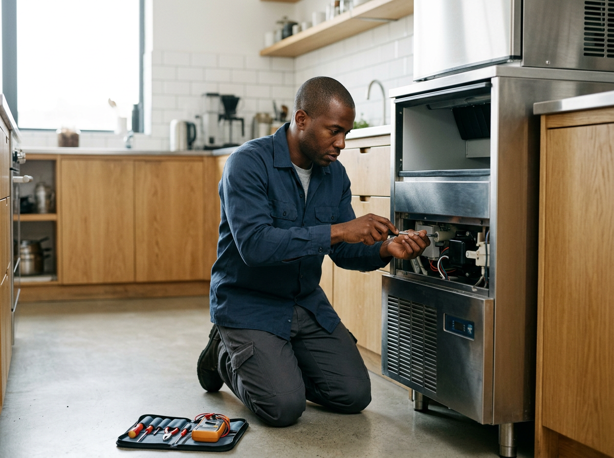 A man kneeling on the kitchen floor repairing or inspecting the inside of a stainless steel appliance, possibly a refrigerator, with tools and a multimeter on a black tray nearby.