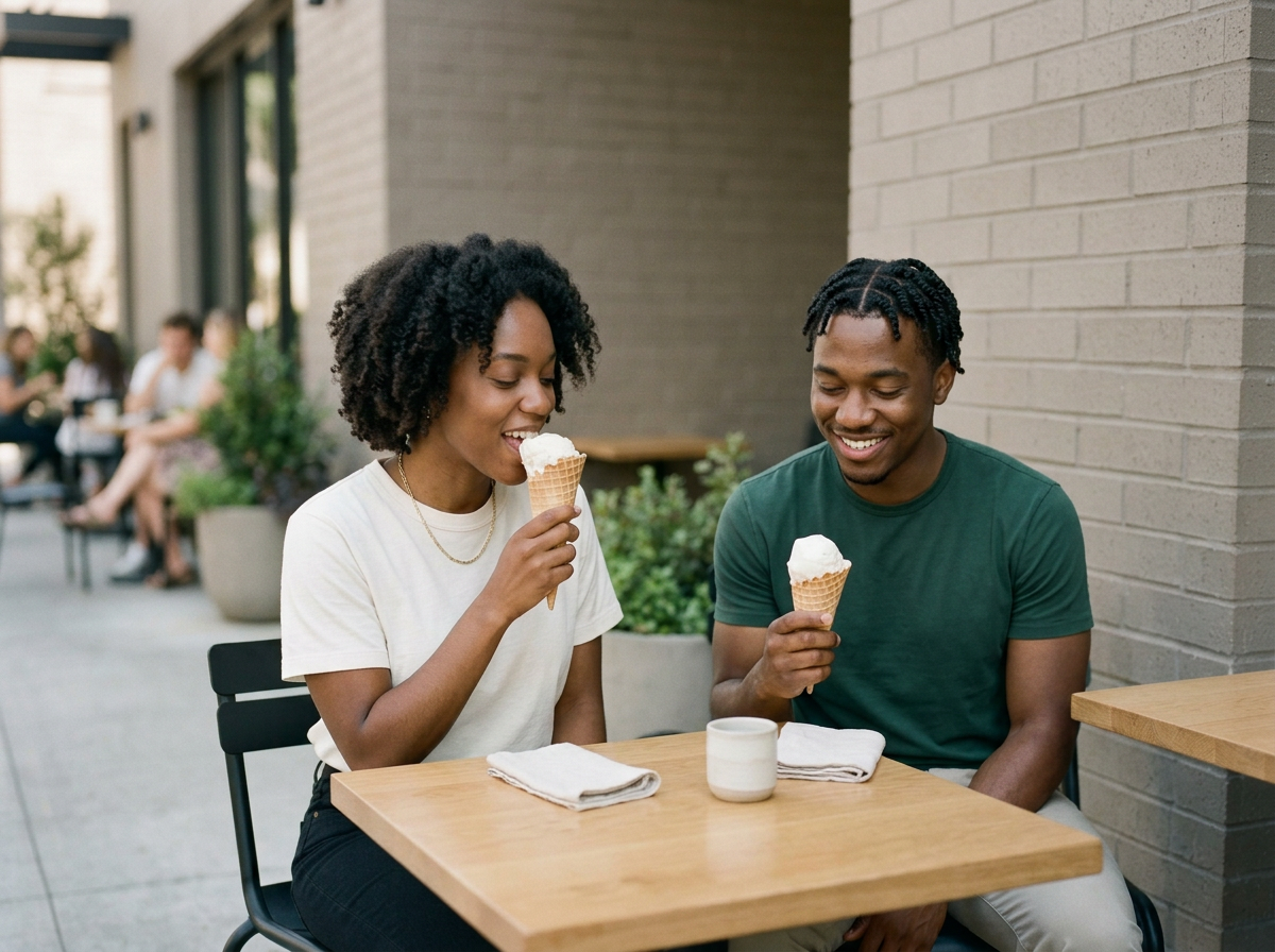 A young woman and man enjoying ice cream cones at an outdoor cafe, sitting at a wooden table with napkins and a mug, smiling and happy.