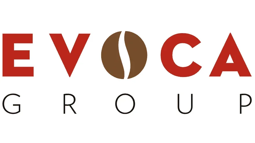 Logo for Evoca Group with the words 'EVCA' in large red letters and a coffee bean icon replacing the 'V', followed by the word 'Group' in smaller black letters.