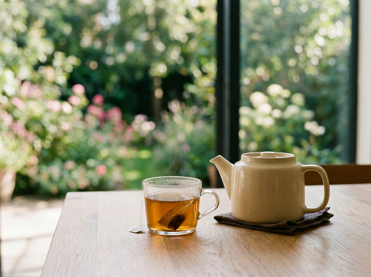 A glass cup of hot tea with a tea bag inside, and a white ceramic teapot on a wooden table near a large window with a view of a garden.