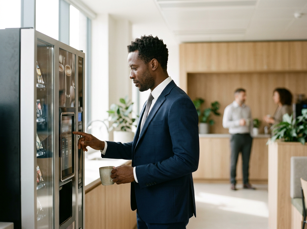 A man in a suit using a vending machine in an office break room, holding a coffee mug.