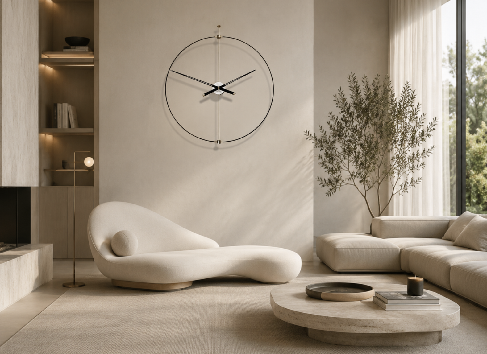 Edle und große Wanduhr hängt an einer cremefarbenen Wand