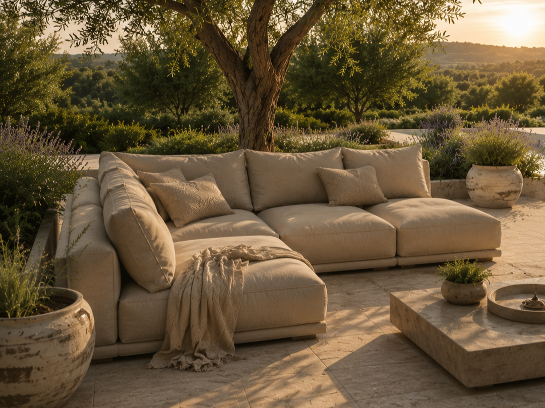 Beige Lounge-Ecke im Garten
