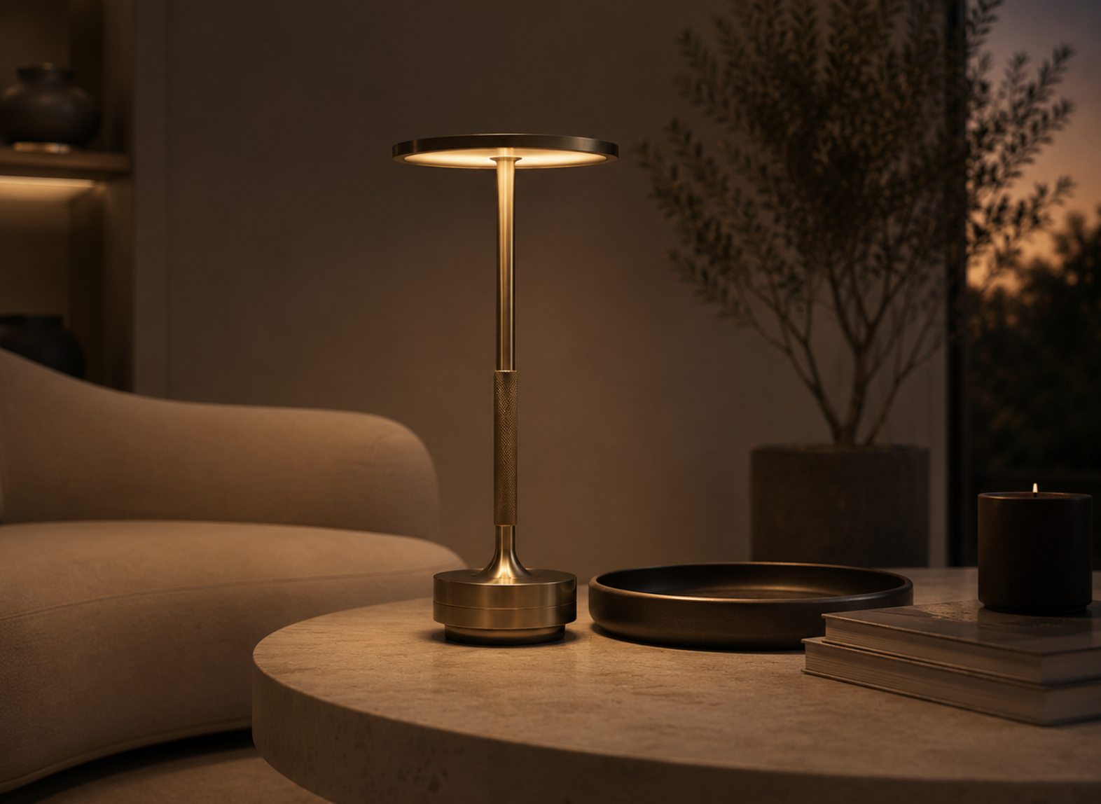 Goldene Tischlampe leuchtet sanft auf Marmortisch