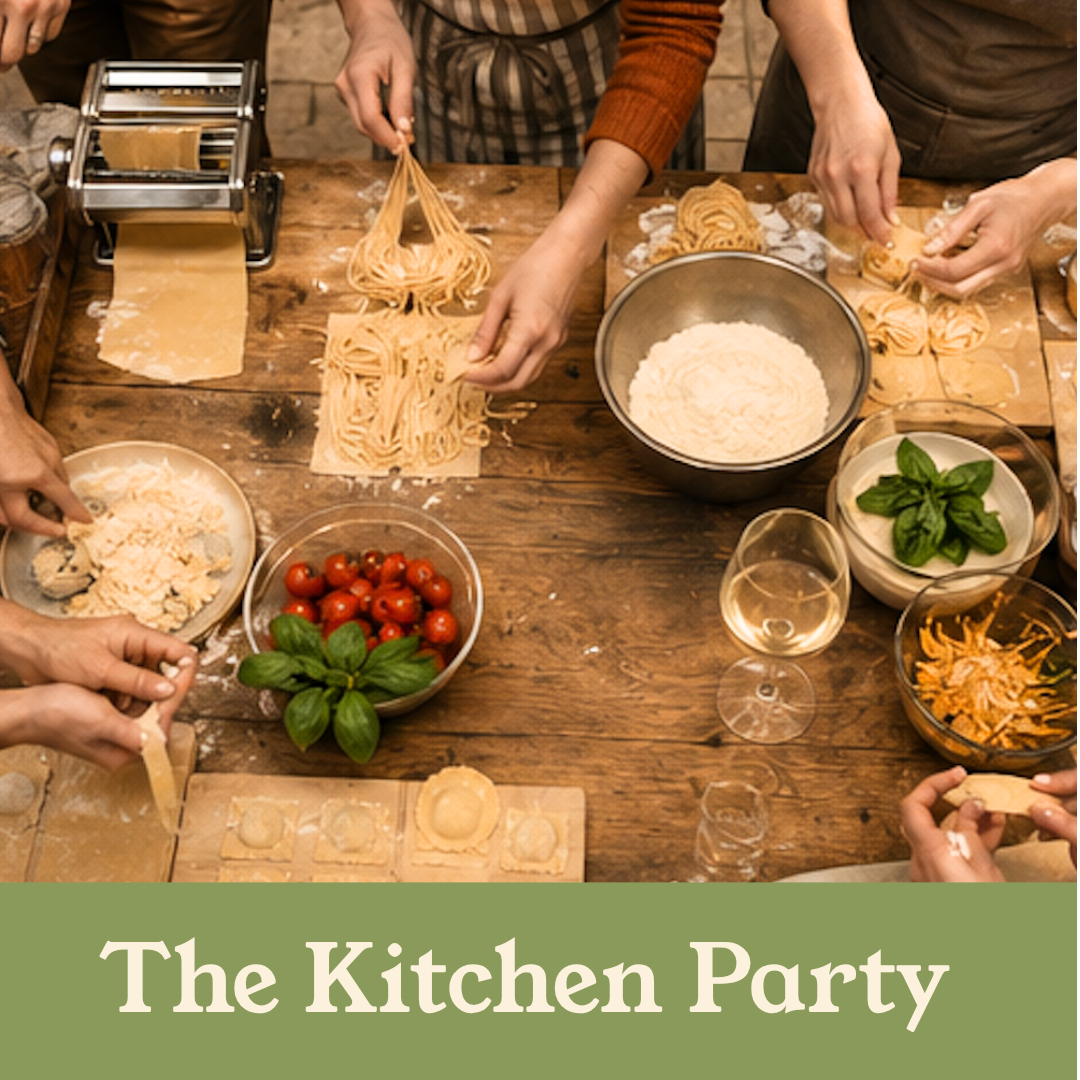 People preparing pasta and other ingredients at a kitchen table during a gathering or cooking party.