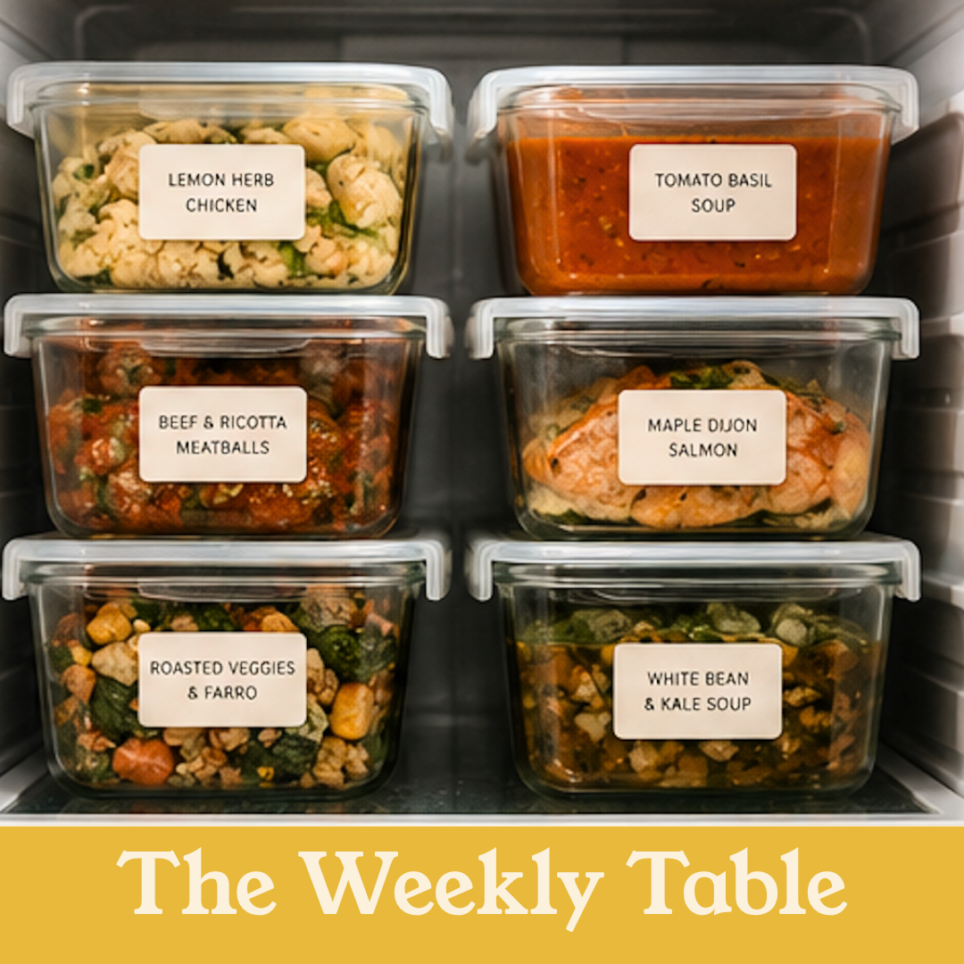 Labels on six food containers inside a fridge, including lemon herb chicken, tomato basil soup, beef and ricotta meatballs, maple Dijon salmon, roasted veggies and farro, and white bean and kale soup. The bottom of the image features a yellow banner with white text that says "The Weekly Table."