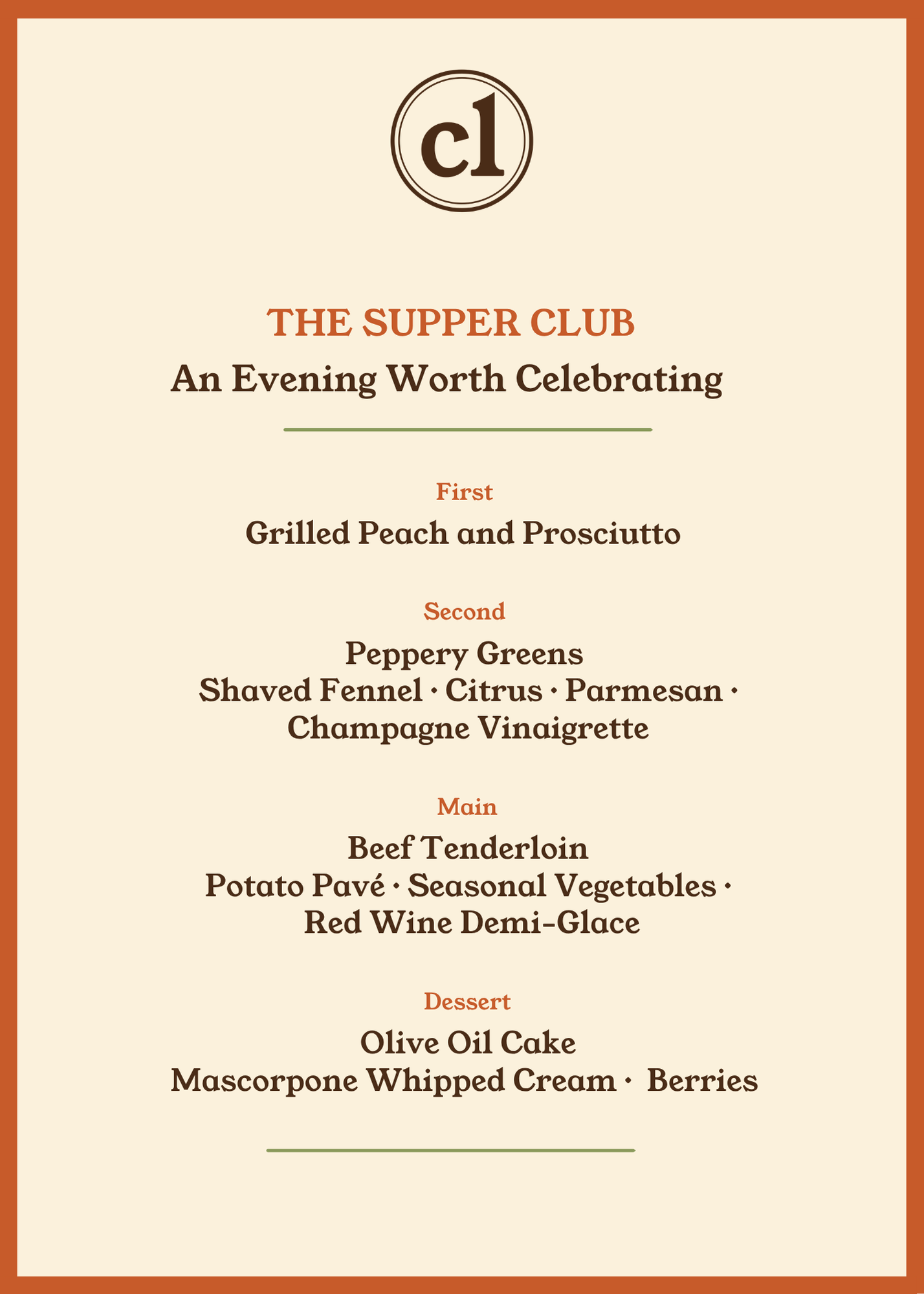 Late summer Supper Club menu featuring seasonal ingredients and a private dinner.
