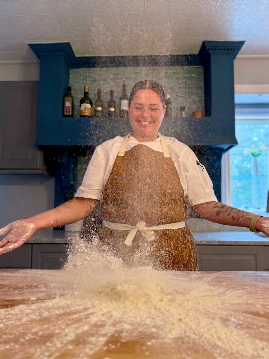Chef Lizzie making fresh pasta, throwing dough into air