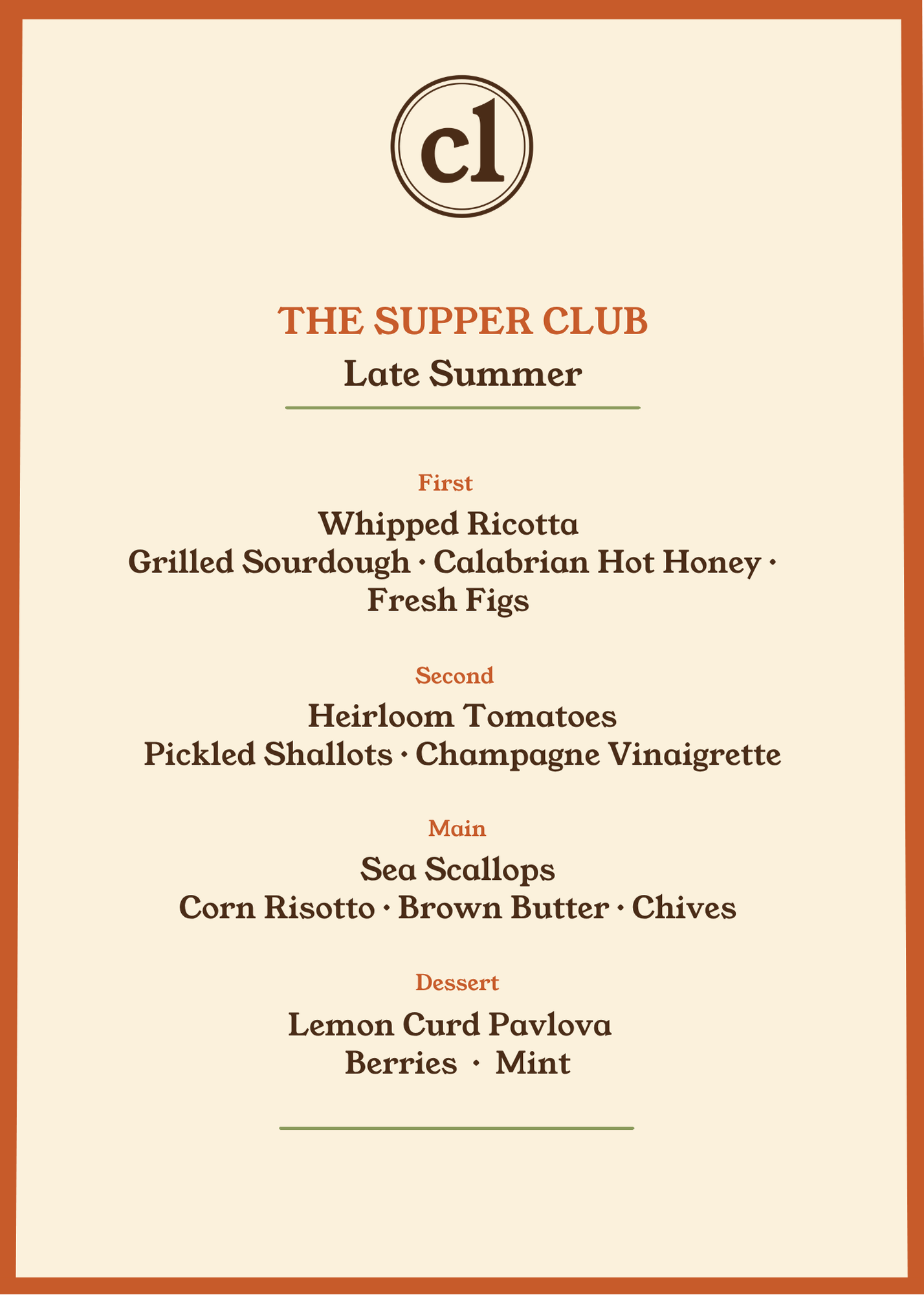 Sample menu for The Supper Club private dining experience.