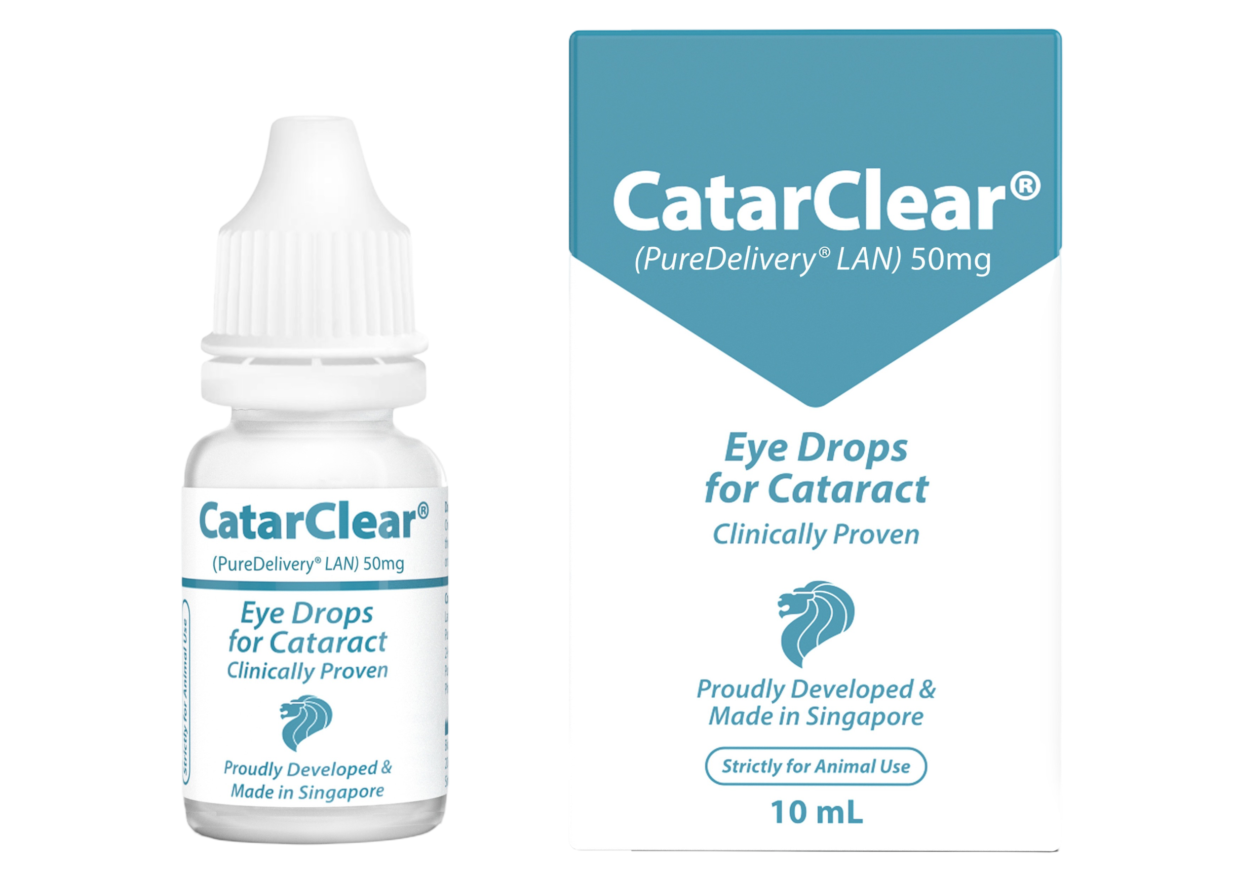 A small white bottle of CatarClear eye drops with a white cap next to its blue and white packaging box, which displays the product name and description about its purpose for cataract treatment.