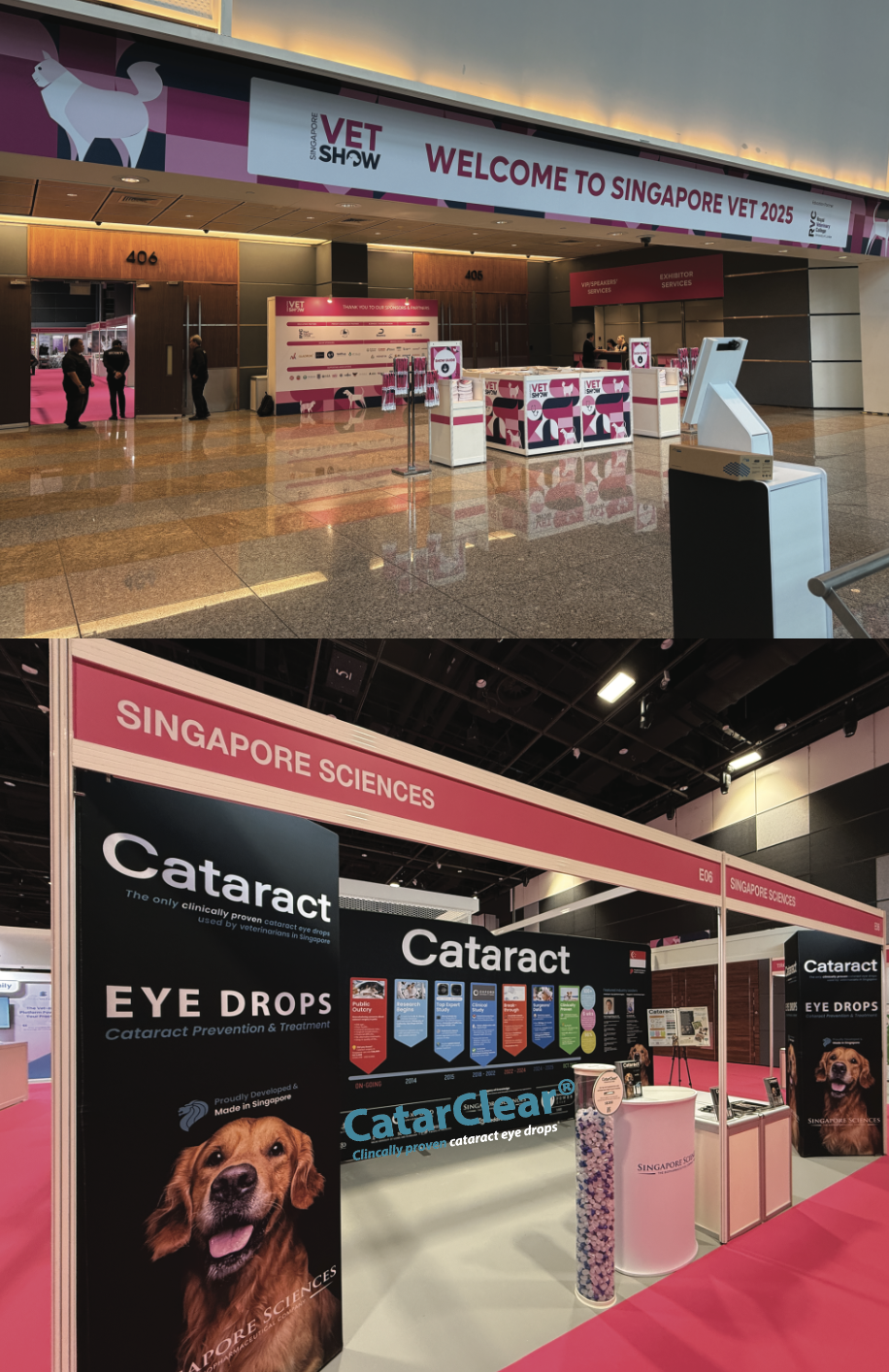 The first image shows the entrance to the Singapore Vet Show 2025, with registration desks and a large banner welcoming attendees. The second image features an exhibition booth from Singapore Sciences promoting cataract eye drops for veterinary use, with posters, a stand, and informational displays about cataract prevention and treatment for pets.