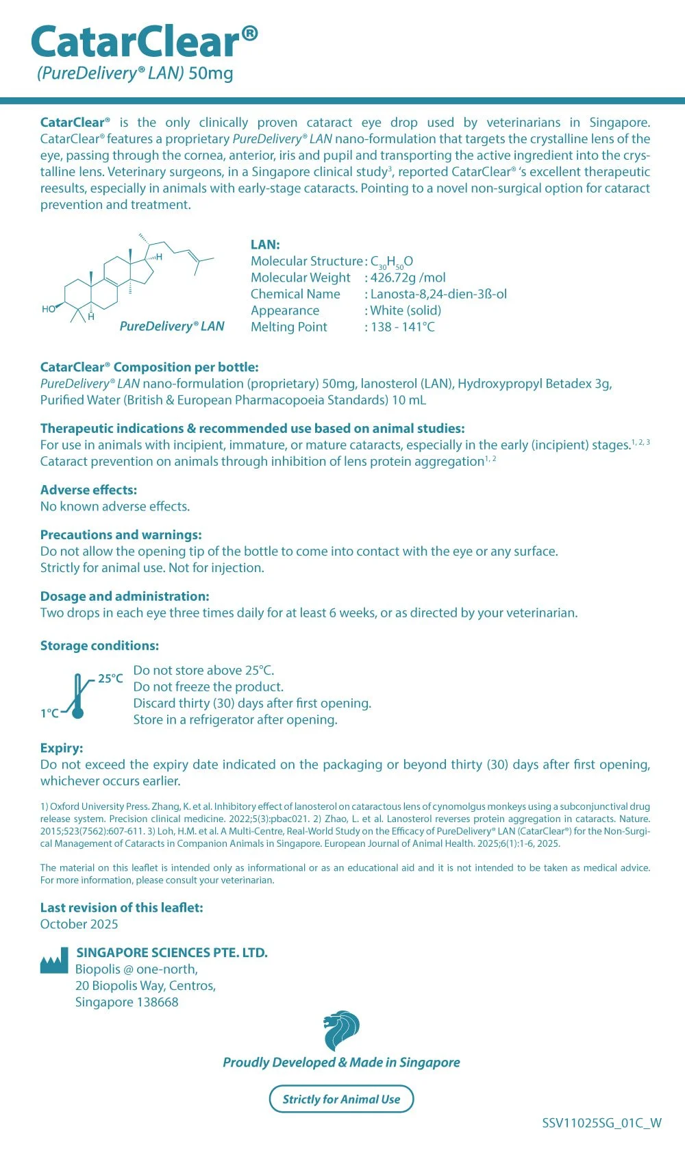 Product packaging for CatarClear, an eye drop medication for cats, including details about its composition, indications, usage instructions, storage, and warnings.