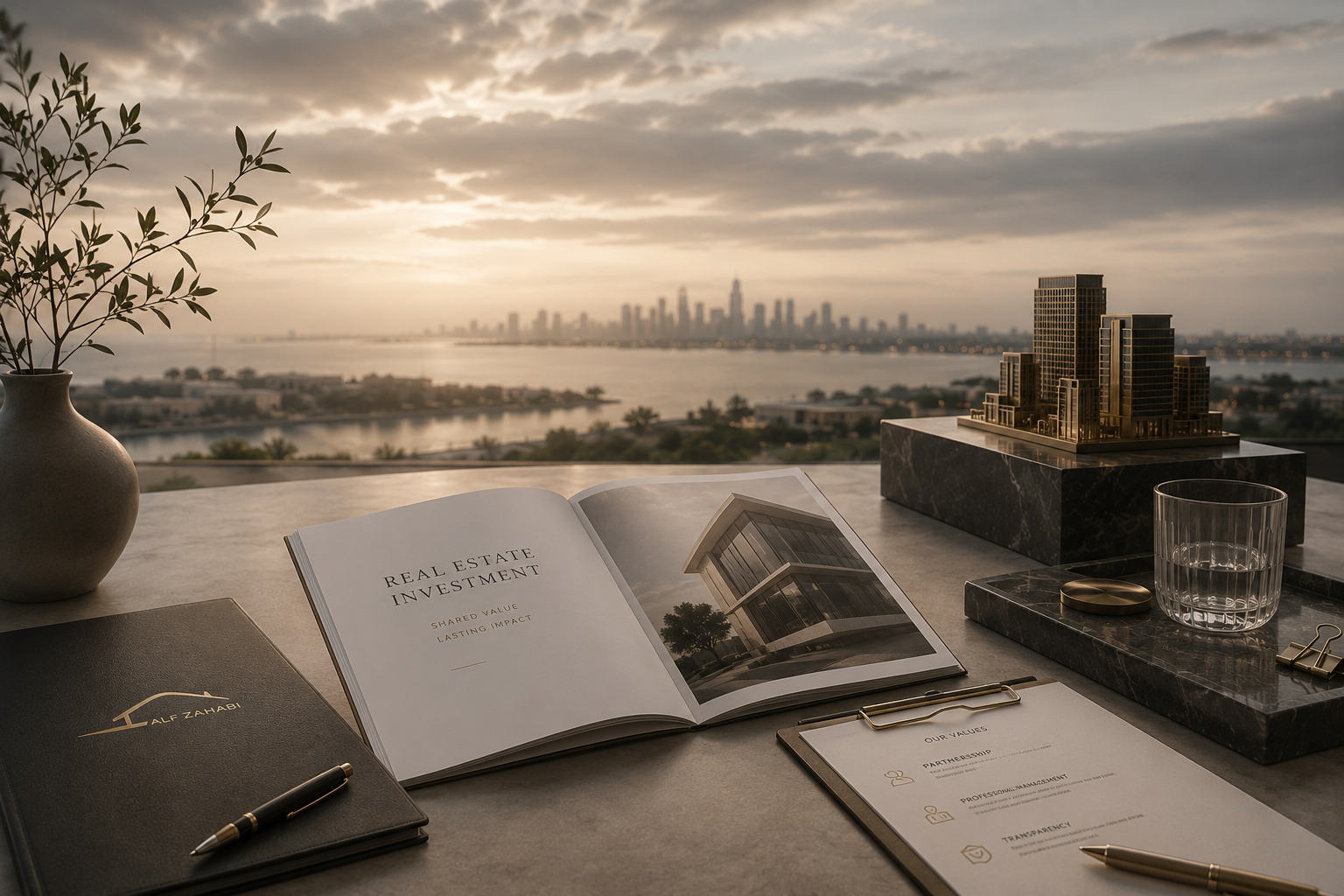 A desk with a brochure titled 'Real Estate Investment', an open book with a modern building photo, a black notebook, a pen, a glass of water, a small architectural model of a building, a paper with business information, and a decorative plant in a vase, with a city skyline view at sunset in the background.