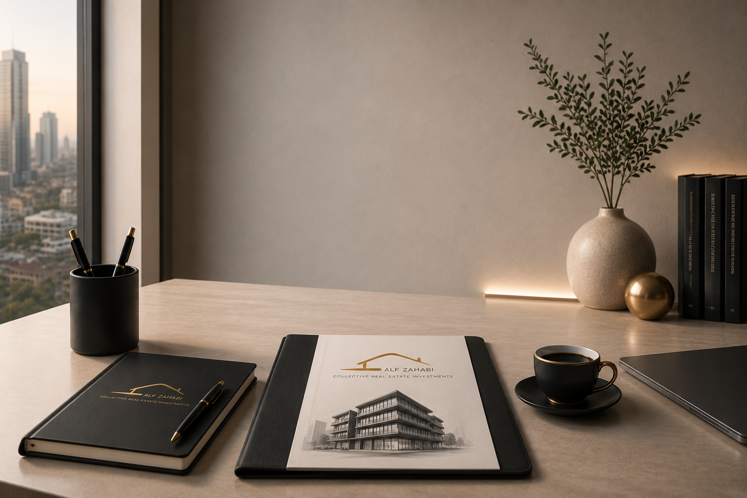 Modern office desk with notebooks, a pen, coffee cup, laptop, decorative vase with greenery, books, and city view through window.