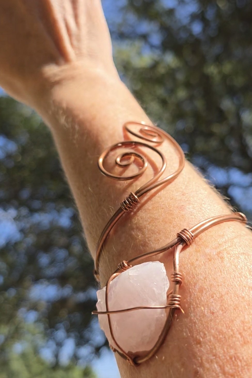 Raw Rose Quartz and Double-Spiral Cuff