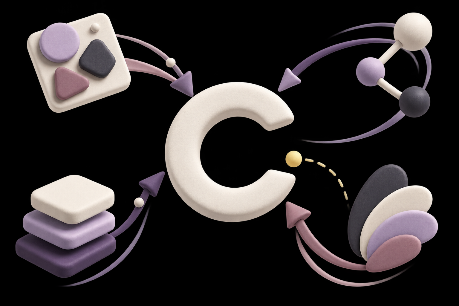 3D illustration of a large white letter 'C' at the center, surrounded by abstract geometric shapes, arrows, and atomic-like structures in pastel purple, pink, black, and cream colors on a black background.
