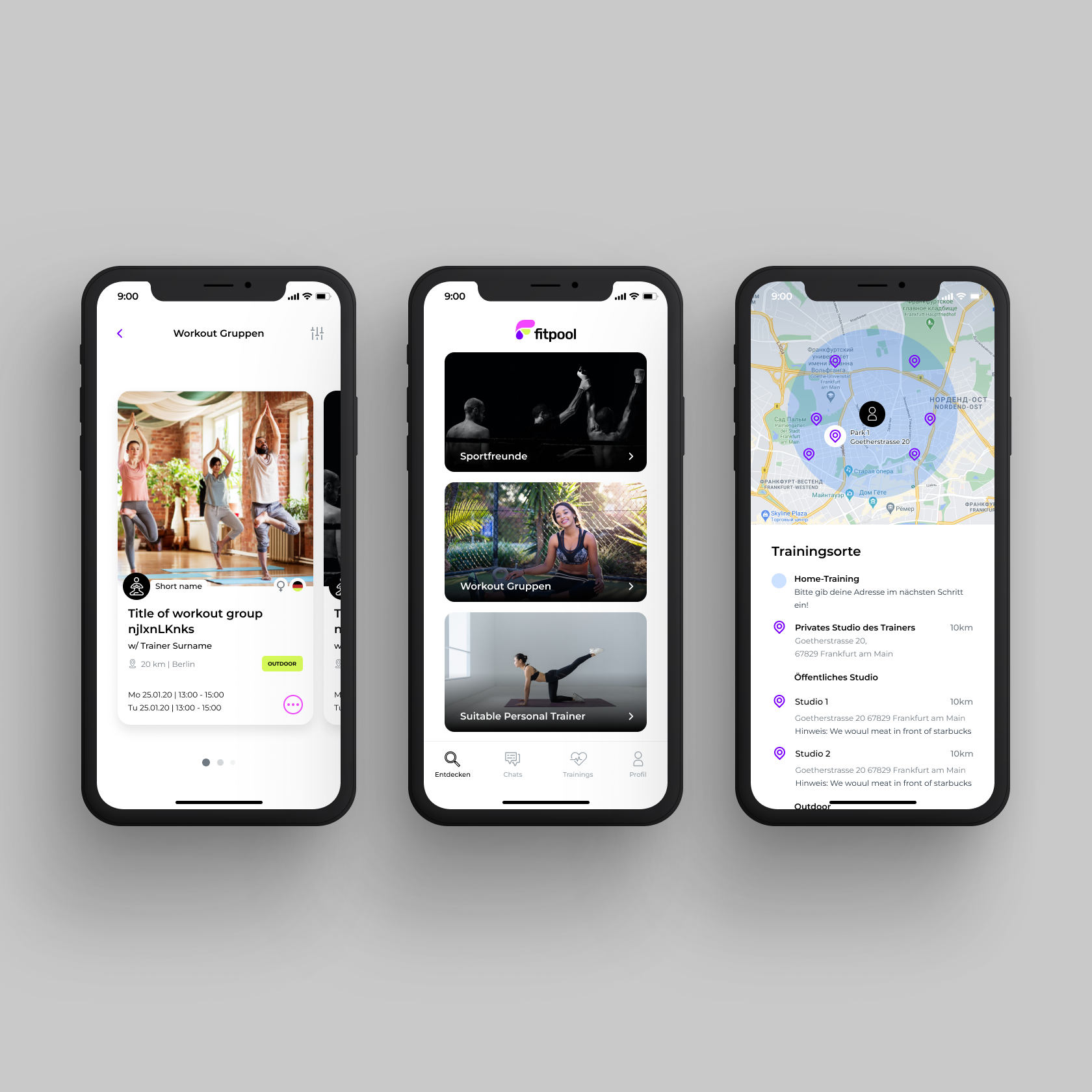 Three smartphone screens displaying a fitness app with workout groups, training locations on a map, and user profile features.