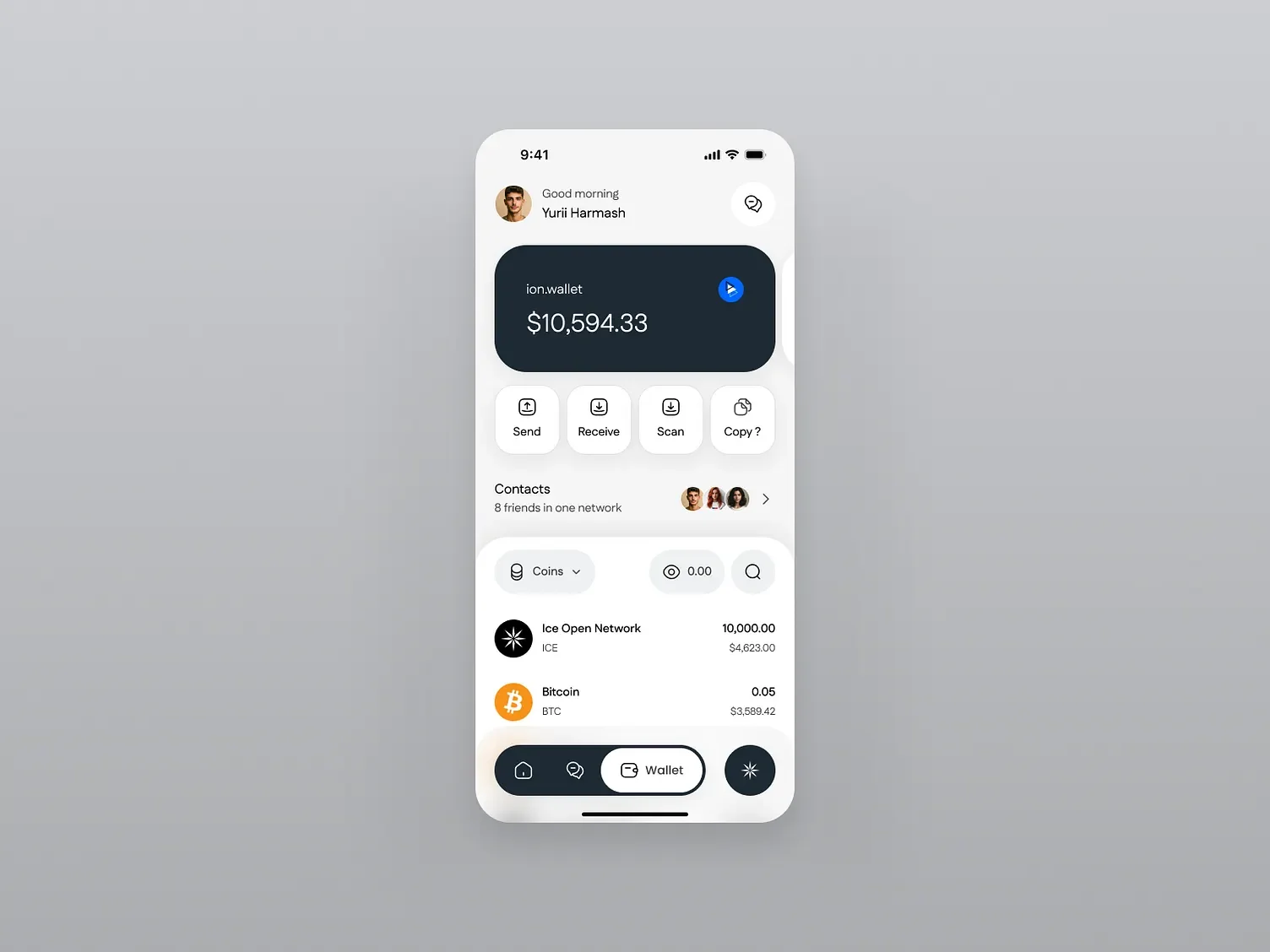 Smartphone screen displaying a cryptocurrency wallet app with balance of $10,594.33 in ion.wallet, with options to send, receive, scan, or copy, and showing two cryptocurrencies: Ice Open Network and Bitcoin.