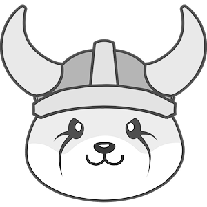 A cute cartoon dog wearing a Viking helmet with horns.