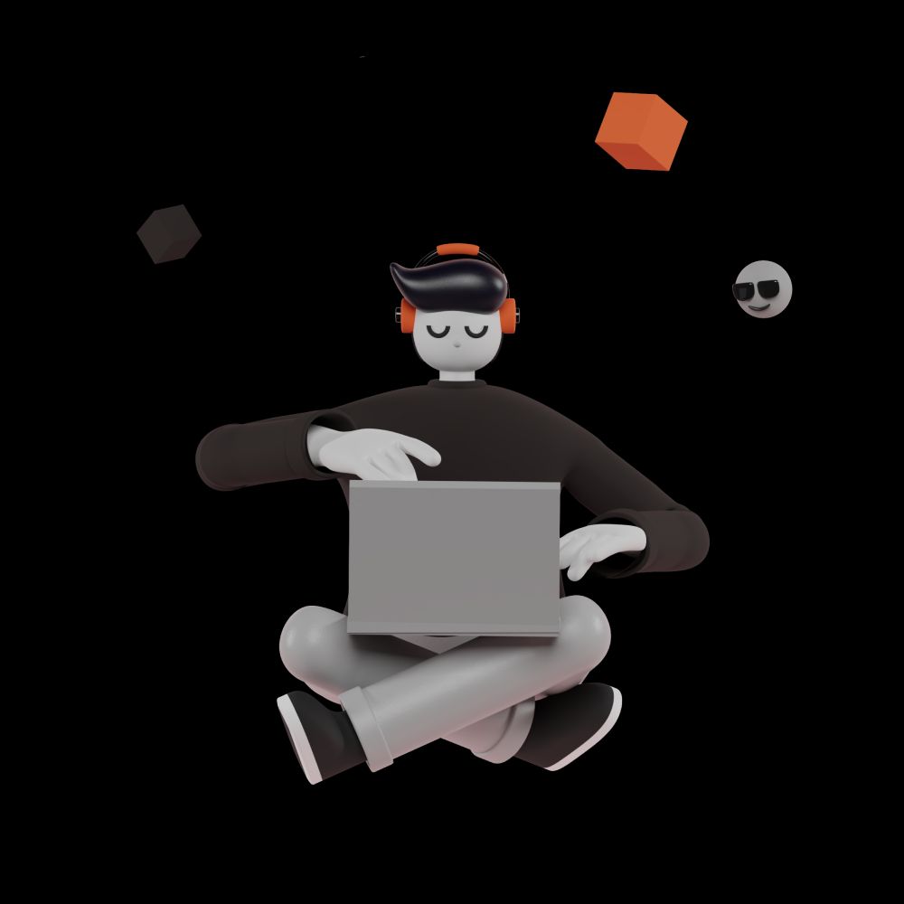 A 3D animated figure sitting cross-legged with a laptop, wearing headphones, with floating abstract shapes around it, set against a black background.