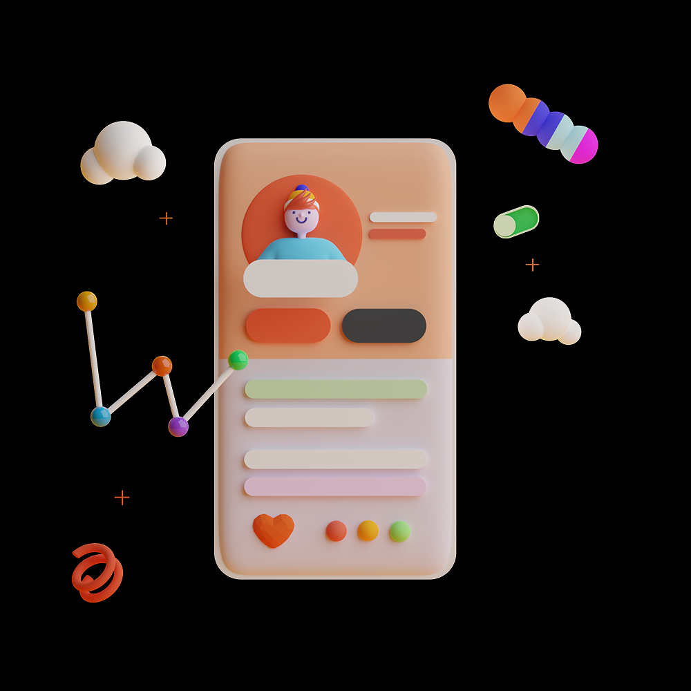 A digital illustration of a mobile health app profile page with a cartoon avatar of a smiling person, surrounded by pills, a cloud, and a graph, all set against a black background.