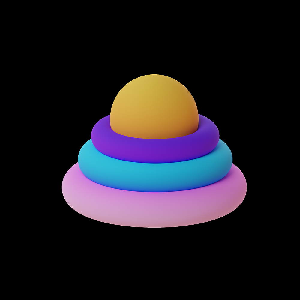 Digital abstract artwork with a spherical shape on top of colorful rings in shades of yellow, purple, blue, and pink against a black background.