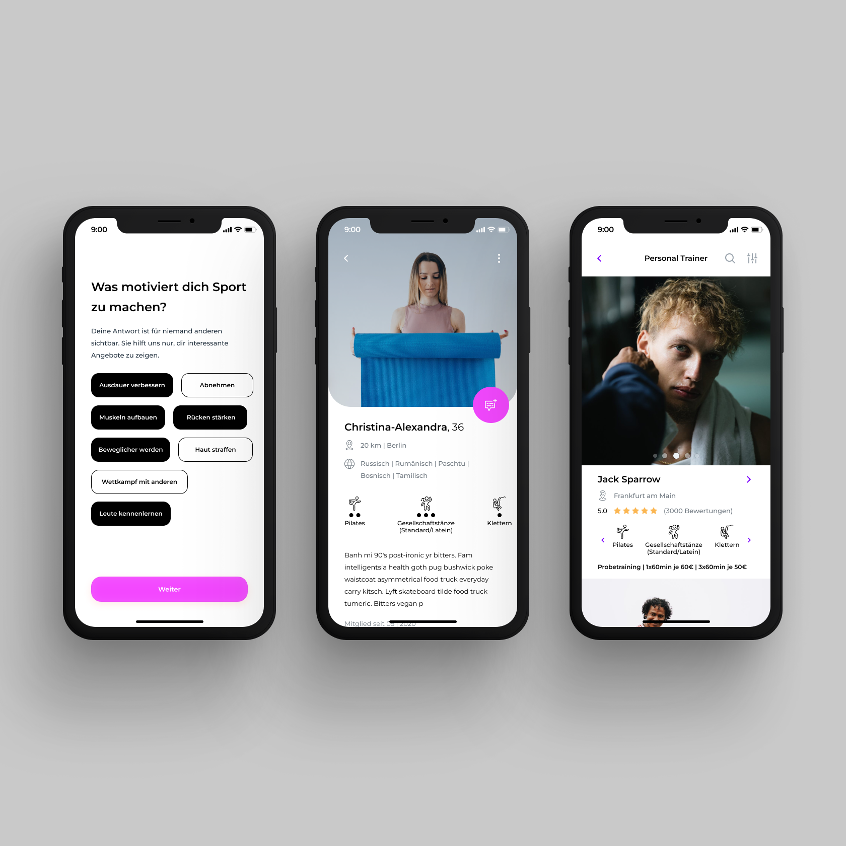 Three smartphones displaying different fitness or dating app interfaces on a gray background.