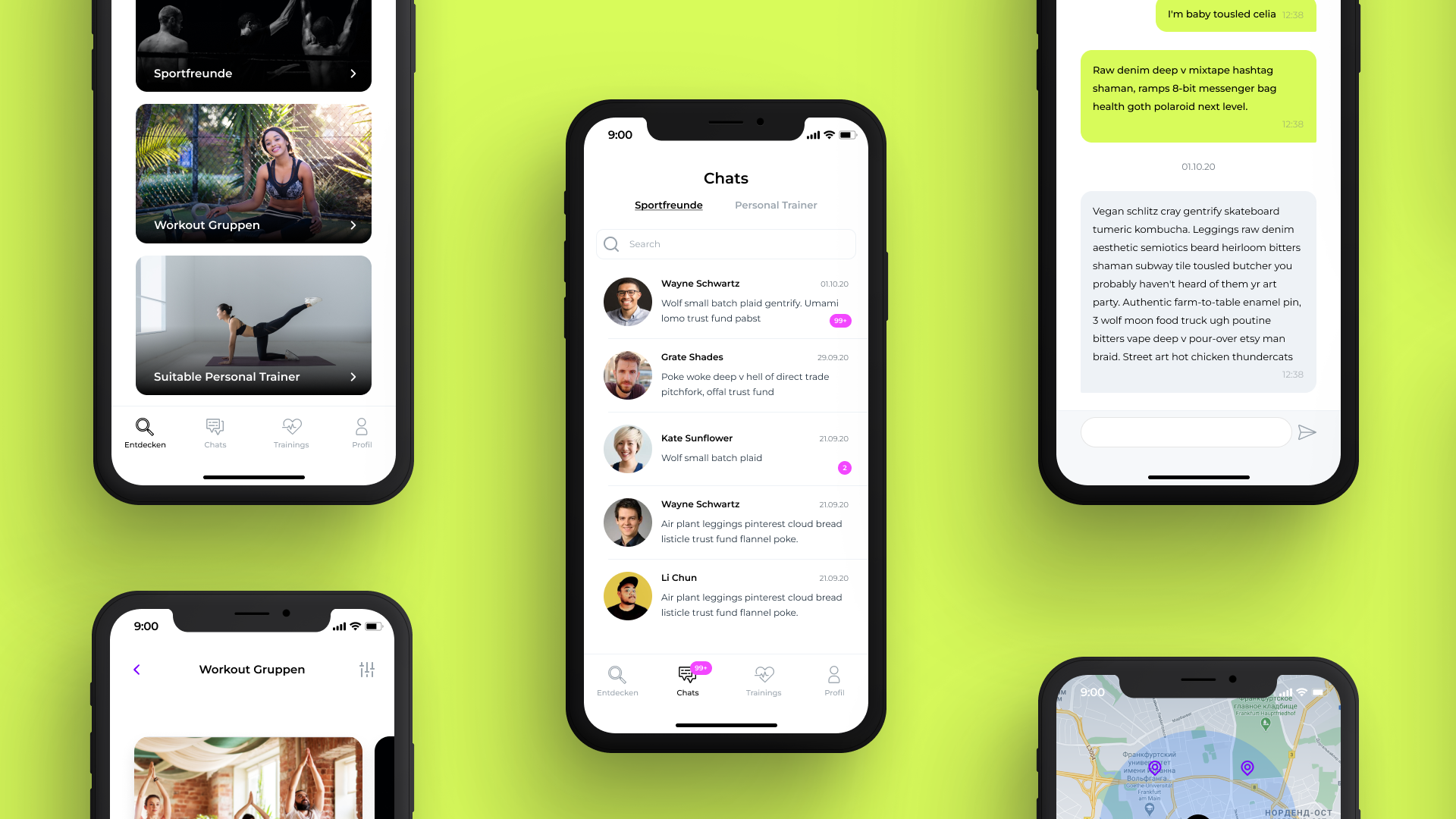Multiple smartphone screens displaying a fitness app interface with chat messages, workout groups, training options, and a map, set against a green background.