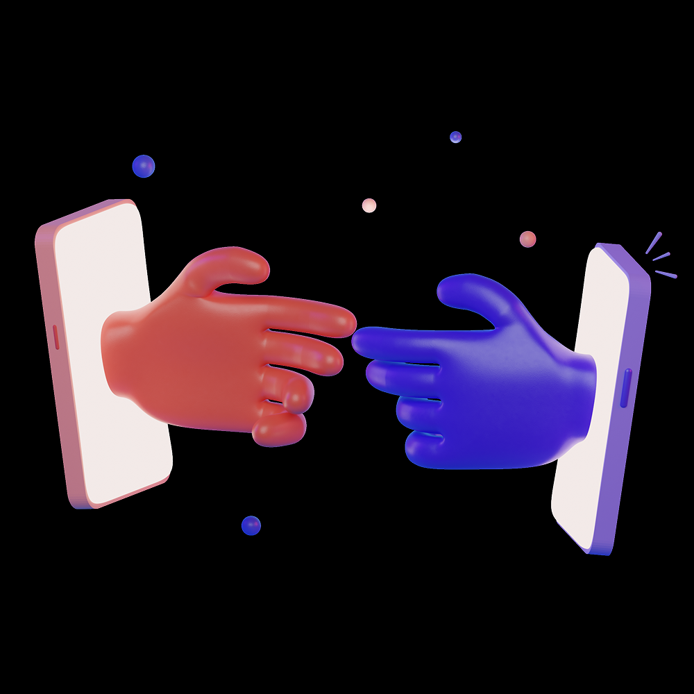 Digital illustration of two hands reaching through smartphones, pointing at each other, symbolizing online interaction or communication.