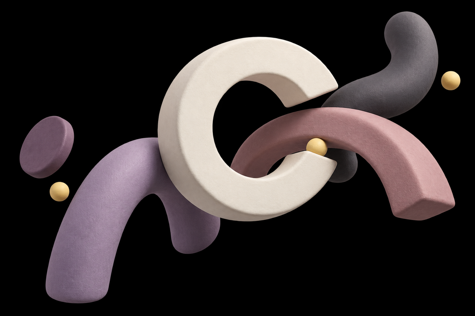 Abstract colorful sculpture with pastel pink, purple, white, black structures and yellow spheres against a black background.