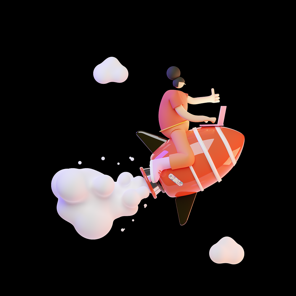 A cartoon person riding a rocket with a laptop, giving a thumbs-up while flying through space with clouds and stars around.