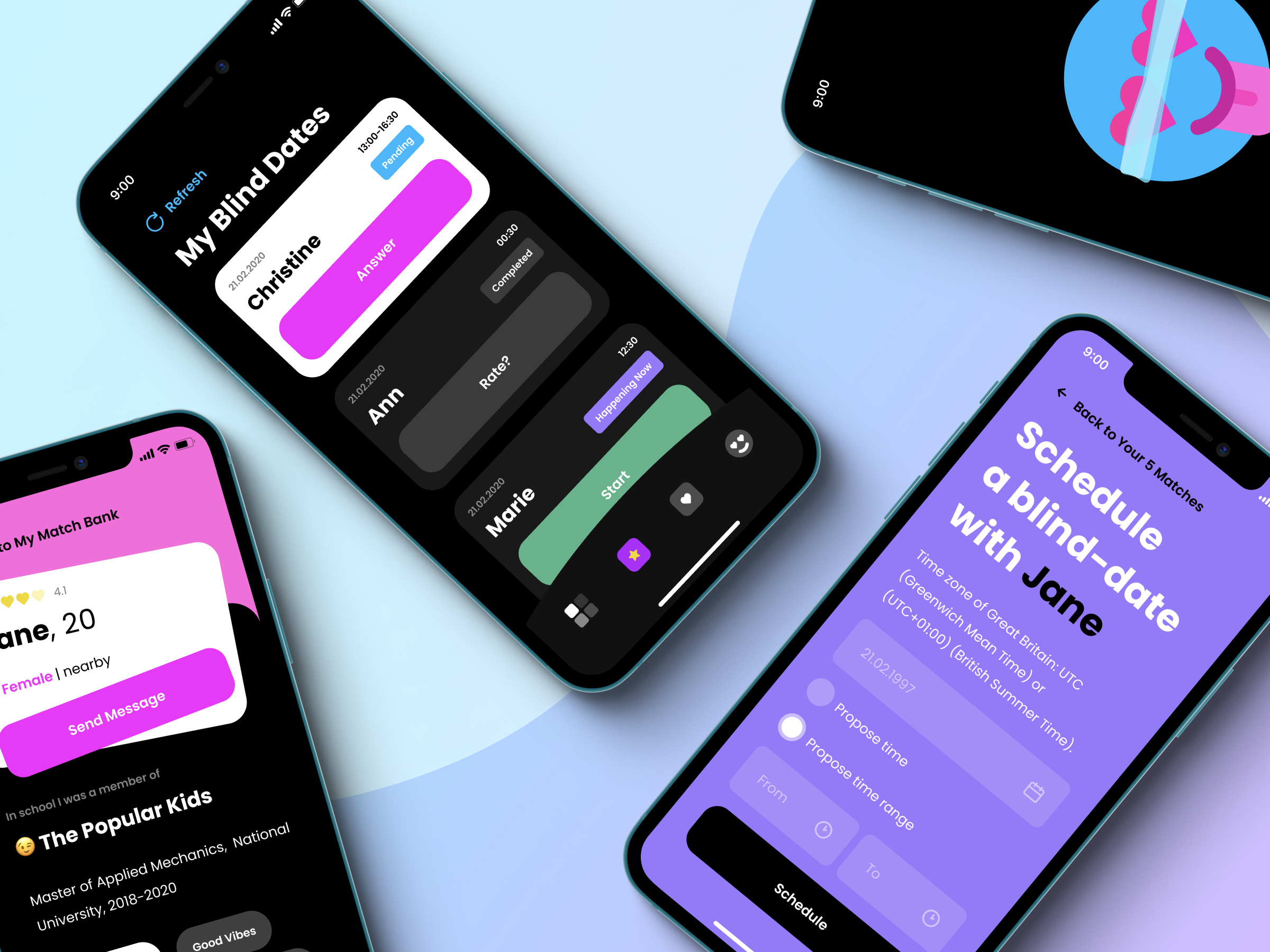 Mobile dating app screens showing curated matches, profile preferences, scheduled audio dates, and conversation-first interactions.