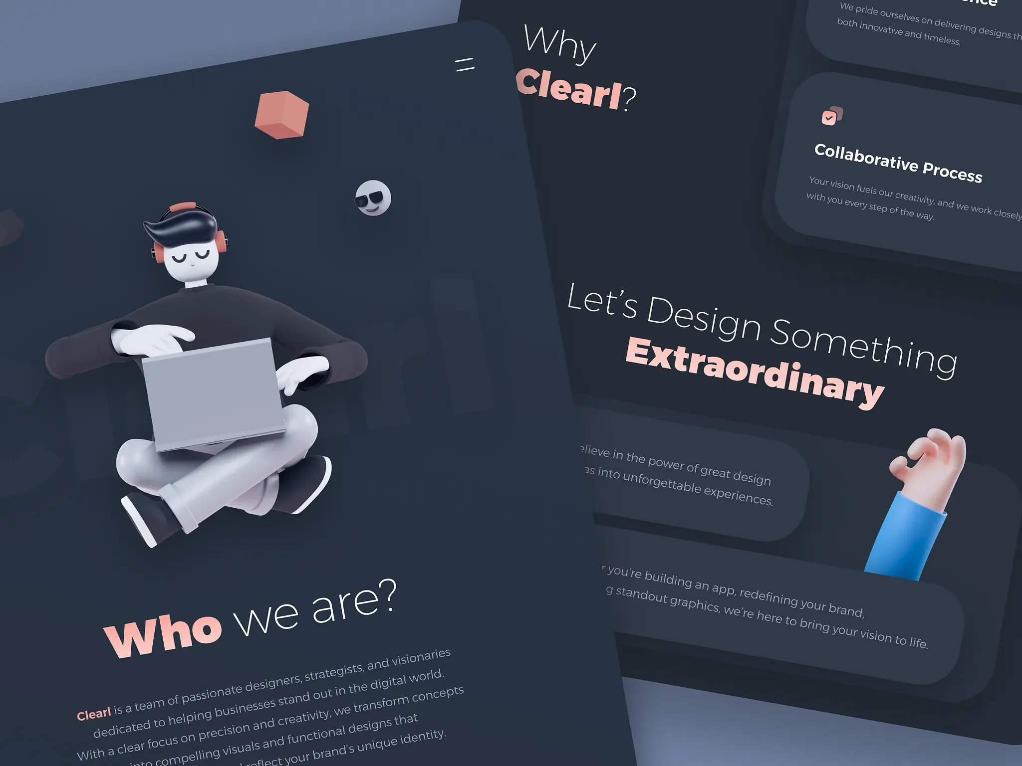 A digital illustration of a futuristic virtual workspace with a cartoon character working on a laptop, floating text discussing design and creativity, and various icons and graphics representing innovation and collaboration.
