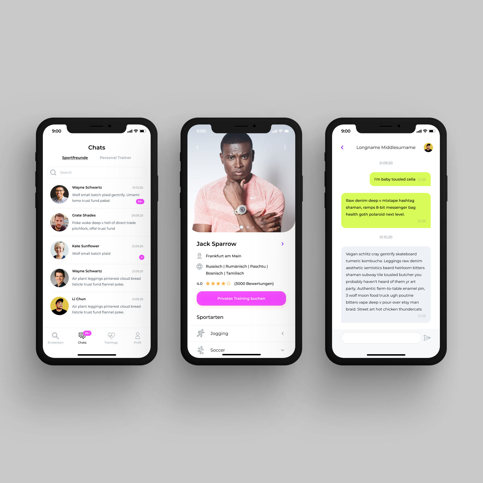 Three smartphone screens displaying a messaging app, a profile selection, and a list of training categories on a gray background.