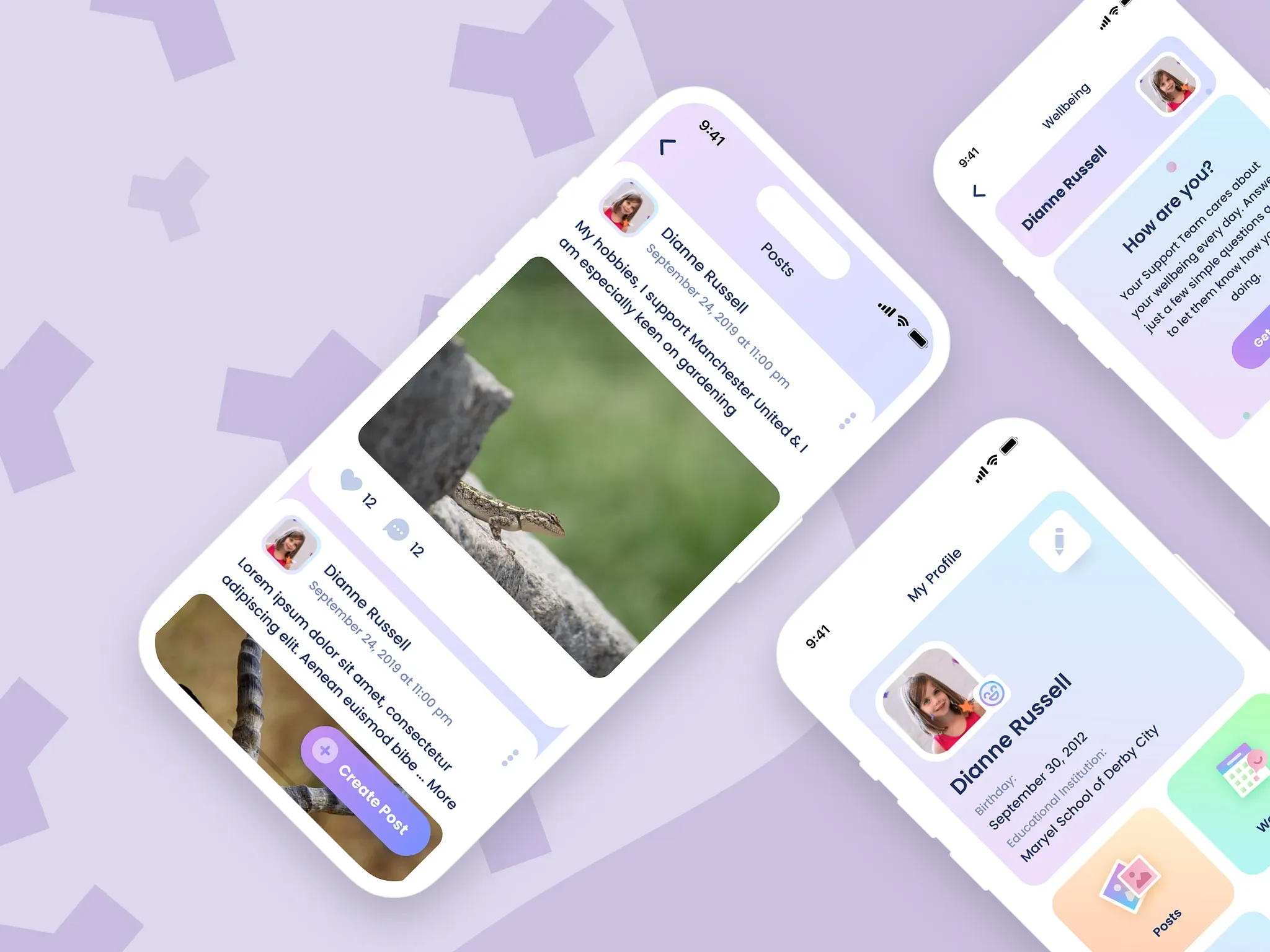 Smartphone screens showing a social media profile with a photo of a young girl, her name Dianne Russell, and personal details, on a lavender background with abstract shapes.